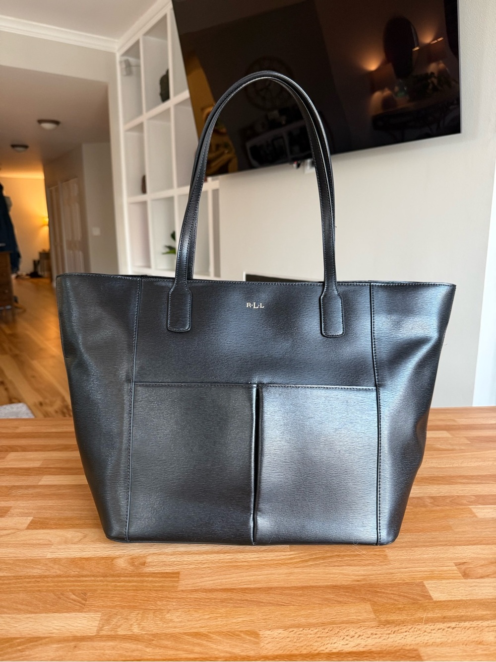 Lauren Ralph Lauren Crosshatch Leather Large Karly Tote (Karly Shopper Tote)